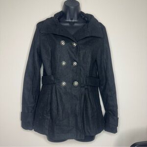 Just One Black Hooded Peacoat Jacket Double-Breasted Tailored Coat Size Small